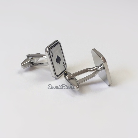 New Ace of Spades Silver Playing Card Cufflinks ~ Groom / Best Man / Formal - Picture 4 of 7